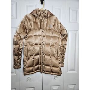 North Face Womens M Goose Down Winter Puffer Jacket Gold Hood Parka Puff Coat